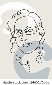 Card or poster with one single line drawing of female face and abstract shapes. Monochrome minimalist portrait. Modern trendy fashion sketch of woman head