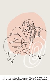 Karte oder Poster mit einer einzigen Strichzeichnung von Frauengesicht und abstrakten Formen. Monochromes minimalistisches Porträt des Himmels. Moderne trendige Mode-Skizze von Frauenfigur und Mond