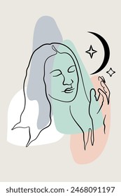 Card or poster with one single line drawing of female face and abstract shapes. Monochrome celestial minimalist portrait. Modern trendy fashion sketch of woman figure and moon