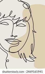 Card or poster with one single line drawing of female face and abstract shapes. Monochrome minimalist portrait. Modern trendy fashion sketch of woman head