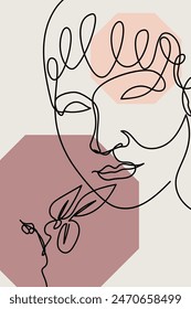 Card or poster with one single line drawing of female face and abstract shapes. Monochrome minimalist portrait. Modern trendy fashion sketch of woman head