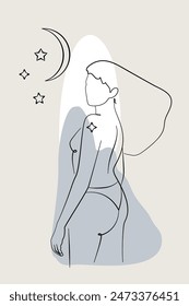 Card or poster with one single line drawing of female face and abstract shapes. Monochrome celestial minimalist portrait. Modern trendy fashion sketch of woman figure and moon