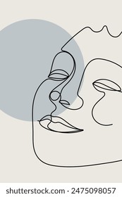 Card or poster with one single line drawing of female face and abstract shapes. Monochrome minimalist portrait. Modern trendy fashion sketch of woman head