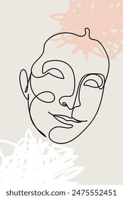 Card or poster with one single line drawing of female face and abstract shapes. Monochrome minimalist portrait. Modern trendy fashion sketch of woman head