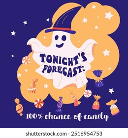 Card, poster party, banner or tshirt print with Tonight forecast 100 chance of candy lettering quote , rain with various candies. Vector illustration. Isolated objects background. Hand drawn flat styl