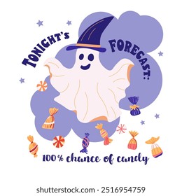 Card, poster party, banner or tshirt print with Tonight forecast 100 chance of candy lettering quote , rain with various candies. Vector illustration. Isolated objects background. Hand drawn flat styl