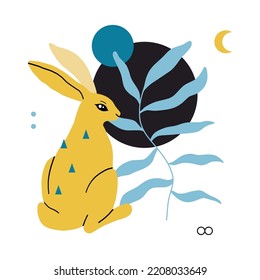 Card, poster with rabbit or hare, geometric abstract shape, doodle elements and plant. Chinese New year or easter animal. Symbol of 2023 year of rabbit. Vector flat minimalist style bunny illustration