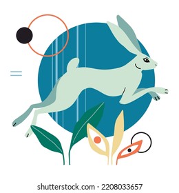 Card, poster with rabbit or hare, geometric abstract shape, doodle elements and plant. Chinese New year or easter animal. Symbol of 2023 year of rabbit. Vector flat minimalist style bunny illustration