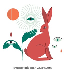 Card, poster with rabbit or hare, geometric abstract shape, doodle elements and plant. Chinese New year or easter animal. Symbol of 2023 year of rabbit. Vector flat minimalist style bunny illustration