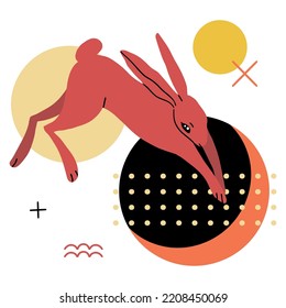 Card, poster with rabbit or hare, geometric abstract shape, doodle elements and plant. Chinese New year or easter animal. Symbol of 2023 year of rabbit. Vector flat minimalist style bunny illustration