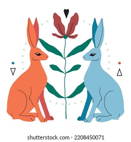 Karte, Plakat mit Kaninchen oder Hasen, geometrische abstrakte Form, Doodle Elemente und Pflanze. Chinesisches Neujahr oder Ostertier. Symbol des Kaninchenjahres 2023. Vectorflach minimalistisch-helle Illustration