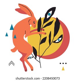 Card, poster with rabbit or hare, geometric abstract shape, doodle elements and plant. Chinese New year or easter animal. Symbol of 2023 year of rabbit. Vector flat minimalist style bunny illustration