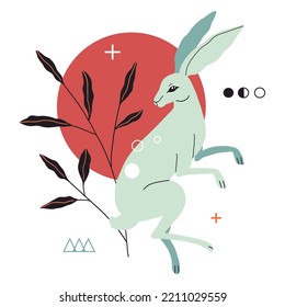 Card, poster with rabbit or hare, geometric abstract shape, doodle elements and plant. Chinese New year or easter animal. Symbol of 2023 year of rabbit. Vector flat minimalist style bunny illustration