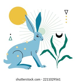 Karte, Plakat mit Kaninchen oder Hasen, geometrische abstrakte Form, Doodle Elemente und Pflanze. Chinesisches Neujahr oder Ostertier. Symbol des Kaninchenjahres 2023. Vectorflach minimalistisch-helle Illustration