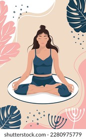 A card or  poster with Relaxing, calm woman training yoga lotus asana Sukhasana, Easy Pose,  vector illustration