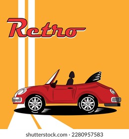 Una tarjeta o afiche con un auto retro rojo en la carretera de fondo amarillo, ilustración vectorial