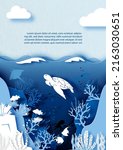 Card and poster scene of under the sea and ocean in layers paper cut style and vector design with white sea turtle and Clownfish, example texts.