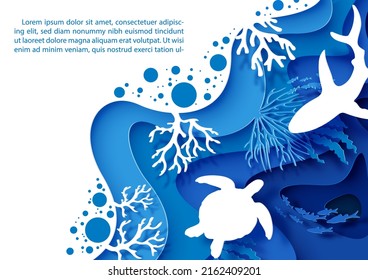 Card and poster scene of under the sea and ocean in layers paper cut style and vector design with white sea turtle and shark, example texts.