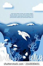 Card and poster scene of under the sea and ocean in layers paper cut style and vector design with white sea turtle and Clownfish, example texts.