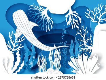 Escena de cartas y afiches de bajo el mar y el océano en capas estilo corte de papel y diseño vectorial con tiburón blanco de ballena.