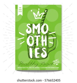 Card, poster, sketch style. Healthy food, smoothies, jar, green, leaf, lemon slice, cucumber, crown. Lettering, retro background. Hand drawn vector.