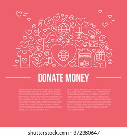 Card or poster template with charity and fundraising objects. Volunteer poster. Funsraising event card template. Vector illustration with place for your text.