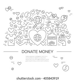 Card or poster template with charity and fundraising objects. Volunteer poster. Funsraising event card template. Vector illustration with place for your text.