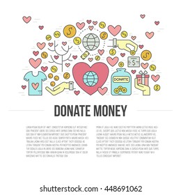 Card or poster template with charity and fundraising objects. Volunteer poster. Funsraising event card template. Vector illustration with place for your text.