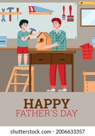 Card or poster template for Fathers day with dad and son engaged in joint bonding activity, cartoon vector illustration. Design of greeting card for Fathers day.