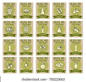 Card poster template with hand drawn sketch olives, tree branches, glass bottle, jug , metal dispenser and olive oil for farmers market packaging design. Vector illustration in ink retro style.