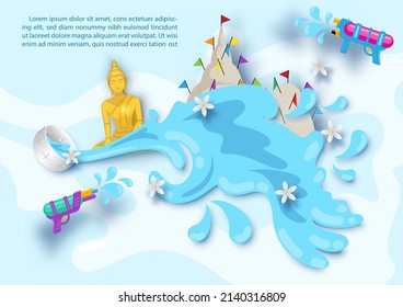 Card and poster of Thailand Songkran festival in paper cut style with example texts on blue background.