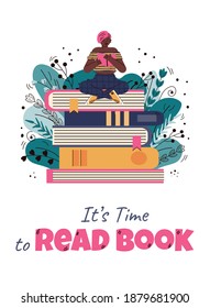 Card or poster with tiny reading woman on stack of books, flat cartoon vector illustration isolated on white background. Image for book shop or literature festival.