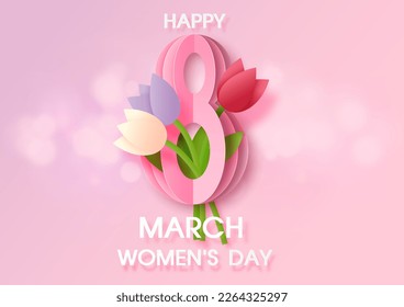 Card and poster's campaign of Women's day in paper cut style on pink paper pattern background.