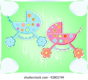 card with pram for boy and girl. Vector background