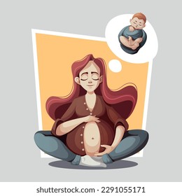 Card with Pregnant woman thinking about baby boy. Motherhood, Parenthood, Pregnancy concept. Square Vector Illustration for card, postcard, cover.