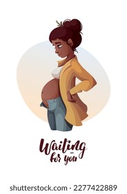 Card with Pregnant woman and "waiting for you" text. Motherhood, Parenthood, Pregnancy concept. Vector Illustration for card, postcard, cover.