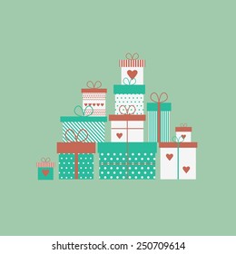 Card with presents, gift boxes in flat style. Vector illustration