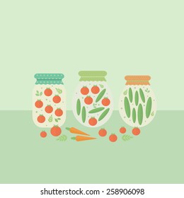 Card with preserved vegetables on a table. Vector illustration