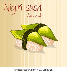 A card with a pretty tasty pair of nigiri sushi with avocado.