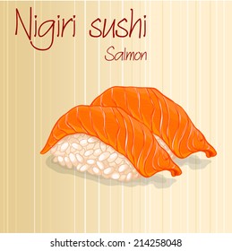 A card with a pretty tasty pair of nigiri sushi with salmon.