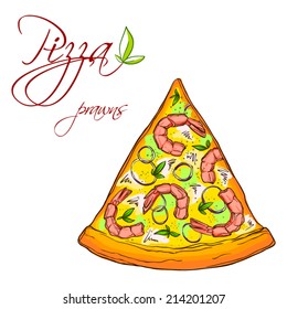 A card with a pretty tasty slice of prawn pizza.