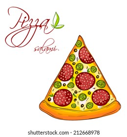 A card with a pretty tasty slice of salami pizza.