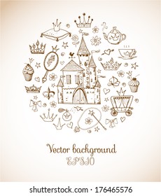 Card with princess' accessories. Vector sketch illustration.