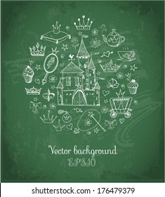 Card with princess' accessories. Vector sketch illustration.