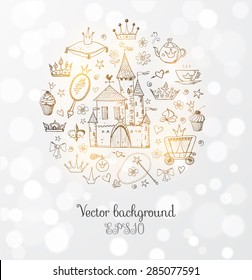 Card with princess' accessories. Vector sketch illustration.