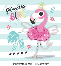 Card with princess flamingo and tropical leaf on mint green and white striped background illustration vector.