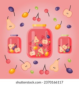 Card, print, banner with fruit compotes and ingredients. Homemade canned fruit compote in a glass jar, sweet fruit drink, apple slices, pear slices, cherry, plums