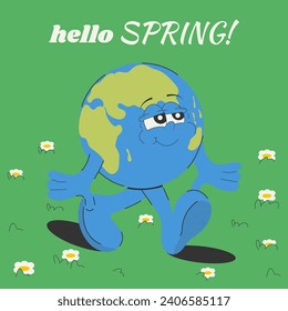 Card, print, sticker, poster, greeting card "Hello spring!" Cute cartoon groovy character land with flowers. Vector illustration in retro style of the 60s-70s.