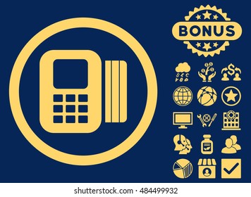 Card Processor icon with bonus pictogram. Vector illustration style is flat iconic symbols, yellow color, blue background.