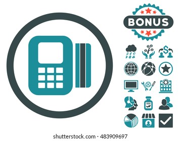 Card Processor icon with bonus pictures. Vector illustration style is flat iconic bicolor symbols, soft blue colors, white background.